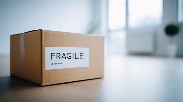 Cardboard box labeled fragile, placed on wooden floor in bright room with natural light, symbolizing the process of moving house and careful handling of belongings