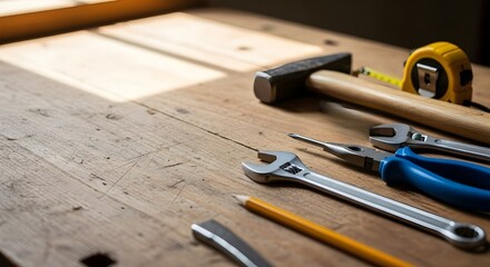 Carpentry Tools on Sunlit Wooden Workbench, Rustic Texture