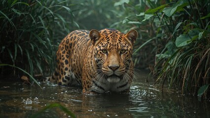 Leopard in water surrounded by lush green vegetation. Wildlife and nature scene. Forest and animal habitat. The image of wildlife in their natural environment.