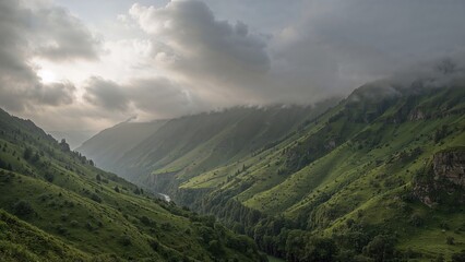 Fototapeta premium Lush green valleys and hills under cloudy sky, scenic landscape.