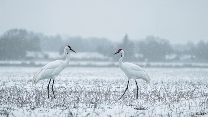 Naklejka premium Two cranes walking in a snowy landscape in winter scene.