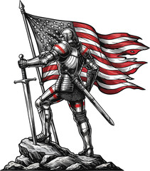 Obraz premium American Knight Standing Proudly with Sword and Flag on a Rocky Peak Symbol of Patriotism and Strength