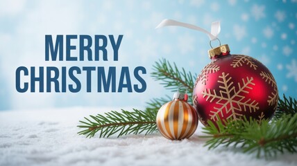 Merry christmas greeting with red and gold ornaments and pine branch on snowy blue background