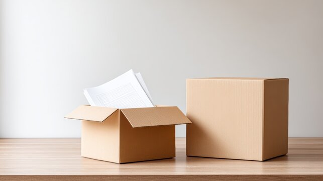 Moving house concept with cardboard boxes on wooden table, one box open revealing documents, symbolizing transition and organization during relocation process