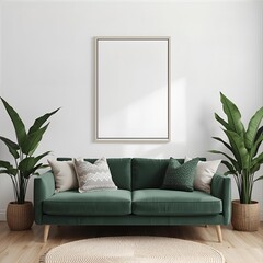 A minimalist living room concept featuring a comfortable green couch, large potted plants, and a blank poster frame mockup on a bright white wall