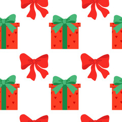 Seamless pattern with red gift boxes decorated with bright green ribbon bows and holiday elements. Vector illustration
