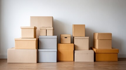 Stacked cardboard boxes in various sizes and colors arranged against a plain wall, symbolizing the process of moving house and organizing belongings for relocation