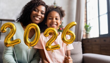 Happy New Year 2026, A smiling mother and daughter holding golden foil balloons spelling out the year twenty twenty six