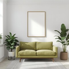 Bright Living Room with Olive Sofa, Plants and Empty Frame