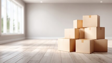 Stacked cardboard boxes in an empty room with wooden flooring and large windows, symbolizing the process of moving house and preparing for a new beginning