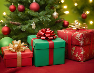 Obraz premium christmas tree with gift boxes, Vibrant Christmas scene with red gifts, gold ornaments, and pine branches on a red backdrop, ideal for holiday greetings and festive celebration themes