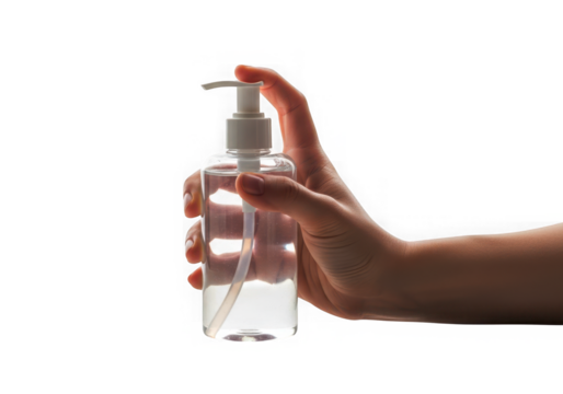Hand holding a clear plastic pump bottle isolated on transparent background