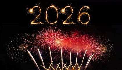 Happy New Year 2026, A sparkling year two thousand twenty six with fireworks against a dark black night sky background