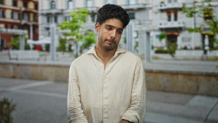 Fototapeta premium Man in a beige linen shirt, eyes closed and hands loosely clasped, standing in a city street with stone plaza and blurred buildings; quiet melancholy.
