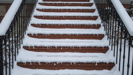 Snow-covered outdoor staircase with wooden steps and metal railings. Winter scene. Snow accumulation on stairs and handrails.