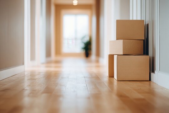 Stacked cardboard boxes in a bright hallway with wooden flooring, showcasing a moving house concept and the transition to a new living space with copy space - Powered by Adobe