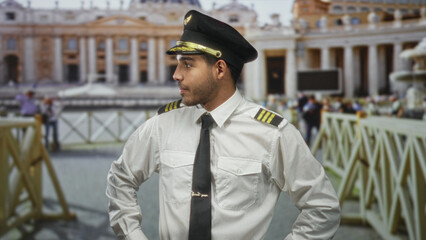 Pilot man in uniform holds palms up and shrugs in front of a building, cap and tie visible; playful...