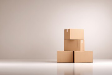 Stacked cardboard boxes in a minimalistic interior space, showcasing the moving house concept with a clean background and soft lighting, ideal for relocation themes