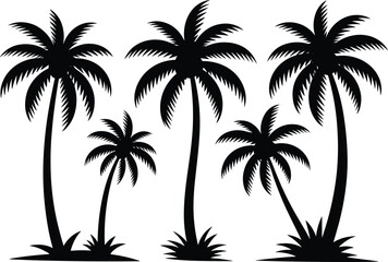 Palm tree silhouette set, tropical nature graphic, black and white beach trees, summer vibe illustration, exotic landscape design