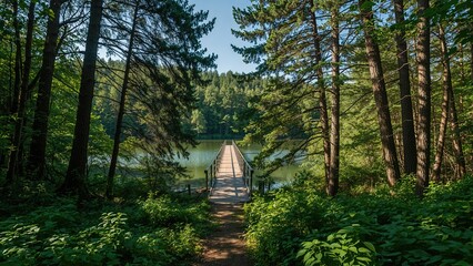 Path through a lush green forest leading to a water body, with tall trees on both sides and a wooden bridge extending across the water. Nature and serenity concept. Forest and water connection.