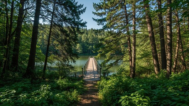 Path through a lush green forest leading to a water body, with tall trees on both sides and a wooden bridge extending across the water. Nature and serenity concept. Forest and water connection.