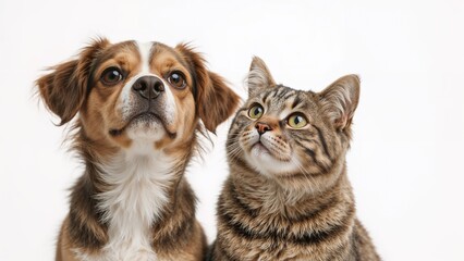 A dog and a cat together with attentive expressions, showing companionship and curiosity.
