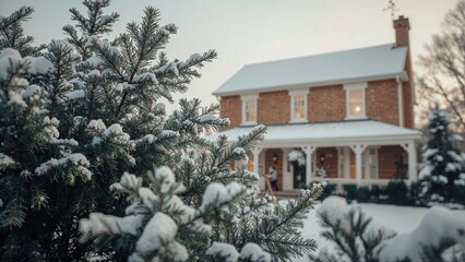 Snow-covered pine tree in the foreground with a brick house and snowy landscape in the background. Winter scene, cozy home, and seasonal atmosphere.