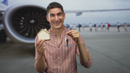 Man holding keys and a small wooden house model on airport tarmac in front of jet engine, smiling...