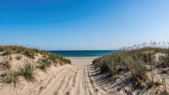 A sandy pathway through grassy dunes leading to the ocean on a clear day. - Powered by Adobe