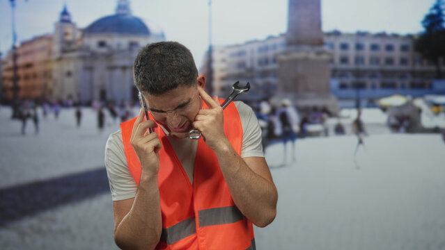Man in orange safety vest holding wrench, finger to ears in saint peter square building, covering ears from loud noise; frustration.