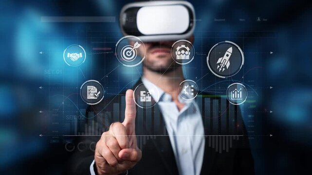 A business professional explores virtual reality technology to visualize data and enhance communication in an innovative workspace setting, showcasing modern engagement. Raster - Powered by Adobe