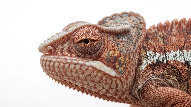 Close-up of a chameleon's eye and textured skin. Reptile and animal focus. Nature and wildlife subject. The image highlights the chameleon's eye and skin pattern.