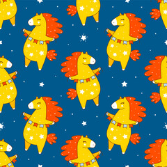 Seamless pattern with cute сartoon horses with stars and party flags - funny animal background for Your kawaii design - symbol of 2026 Chinese New Year 2