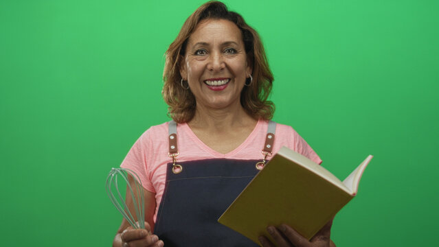 Middle aged woman reads cookbook while holding metal whisk in bright green studio; quiet focus inspiration.