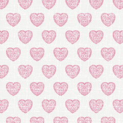 Seamless pattern of pink lace doily hearts on white linen texture—romantic repeating background for Valentine’s Day, wedding stationery, fabric, gift wrap, scrapbooking, and digital paper.