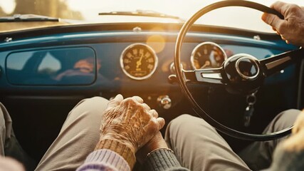 Elderly couple holding hands driving vintage car during beautiful golden hour journey