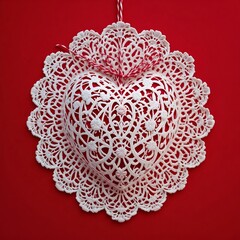 Intricate Red Crochet Heart Doily Valentines Day Handmade Lace.
