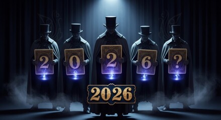 Enigmatic Prediction for Year 2026 - Mysterious figures foretelling the year 2026 with an air of suspense and wonder, set against a dark and theatrical backdrop