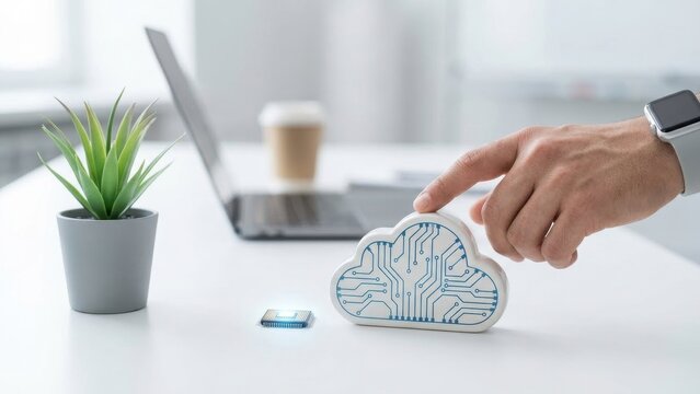 Man touching cloud computing icon with a circuit board pattern. Digital technology concept for data storage and network infrastructure.