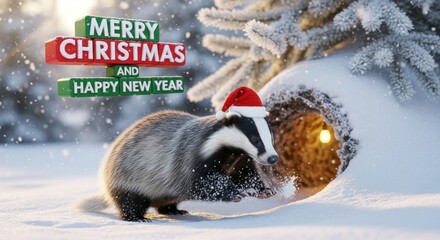 Festive Badger in Winter Scene - A badger wears a Santa hat in a snowy winter wonderland with festive signage