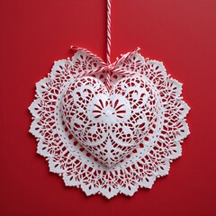 Intricate Red Crochet Heart Doily Valentines Day Handmade Lace.
