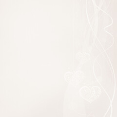 Elegant white/ivory background with hanging lace heart ornaments and soft swirls on the right—ample copy space for wedding invitations, Valentine cards, stationery, and banners.