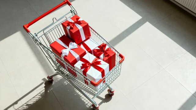 Shopping cart full of red gift boxes on a tiled floor. High angle view of Christmas presents with white ribbons in a trolley. Holiday shopping and Black Friday sales concept