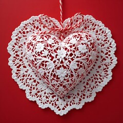 Intricate Red Crochet Heart Doily Valentines Day Handmade Lace.
