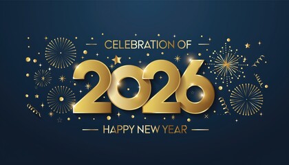 Happy New Year 2026, Celebration of the year two thousand twenty six with golden fireworks and stars on a dark blue background