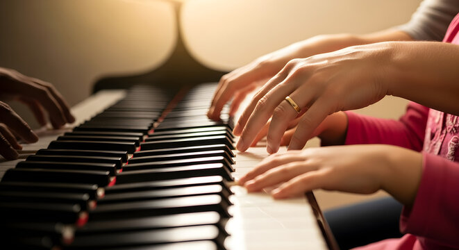 Close-up of mother and daughter hands playing piano together during a lesson at home