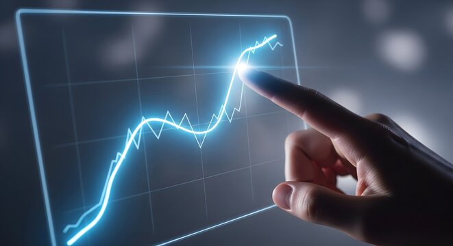 A glowing financial graph is touched by a finger.