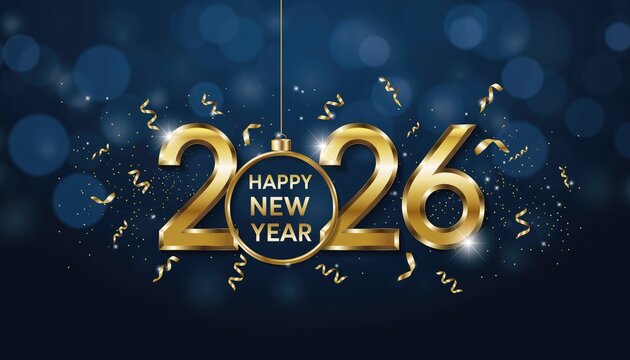 Happy New Year 2026, A happy new year greeting card for the year two thousand twenty six with golden confetti falling down