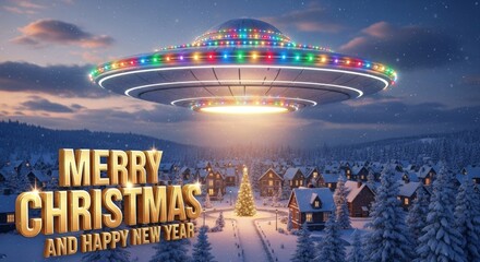 Festive UFO Over Snowy Town - A UFO decorated with Christmas lights hovers over a snow covered town, displaying a Merry Christmas and Happy New Year message