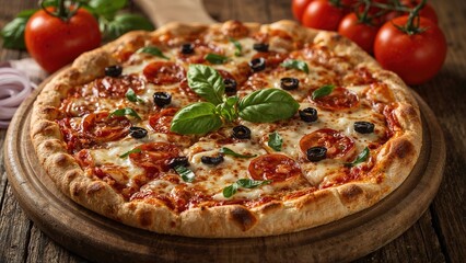 Fresh pizza with tomatoes and basil on a wooden table.